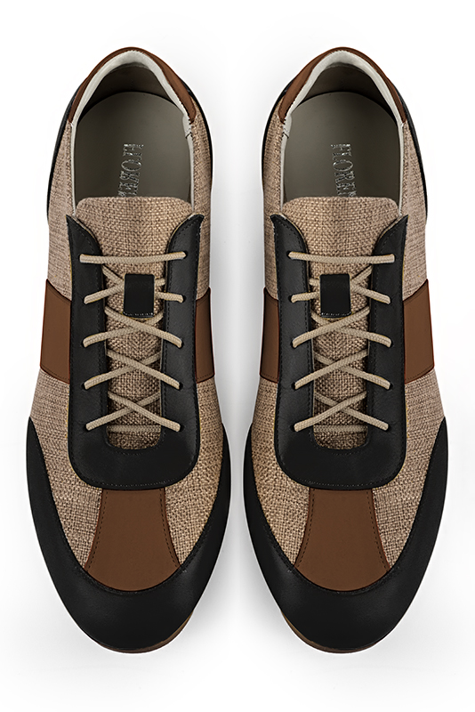 Satin black and caramel brown two-tone dress sneakers for men. Round toe. Flat rubber soles. Top view - Florence KOOIJMAN